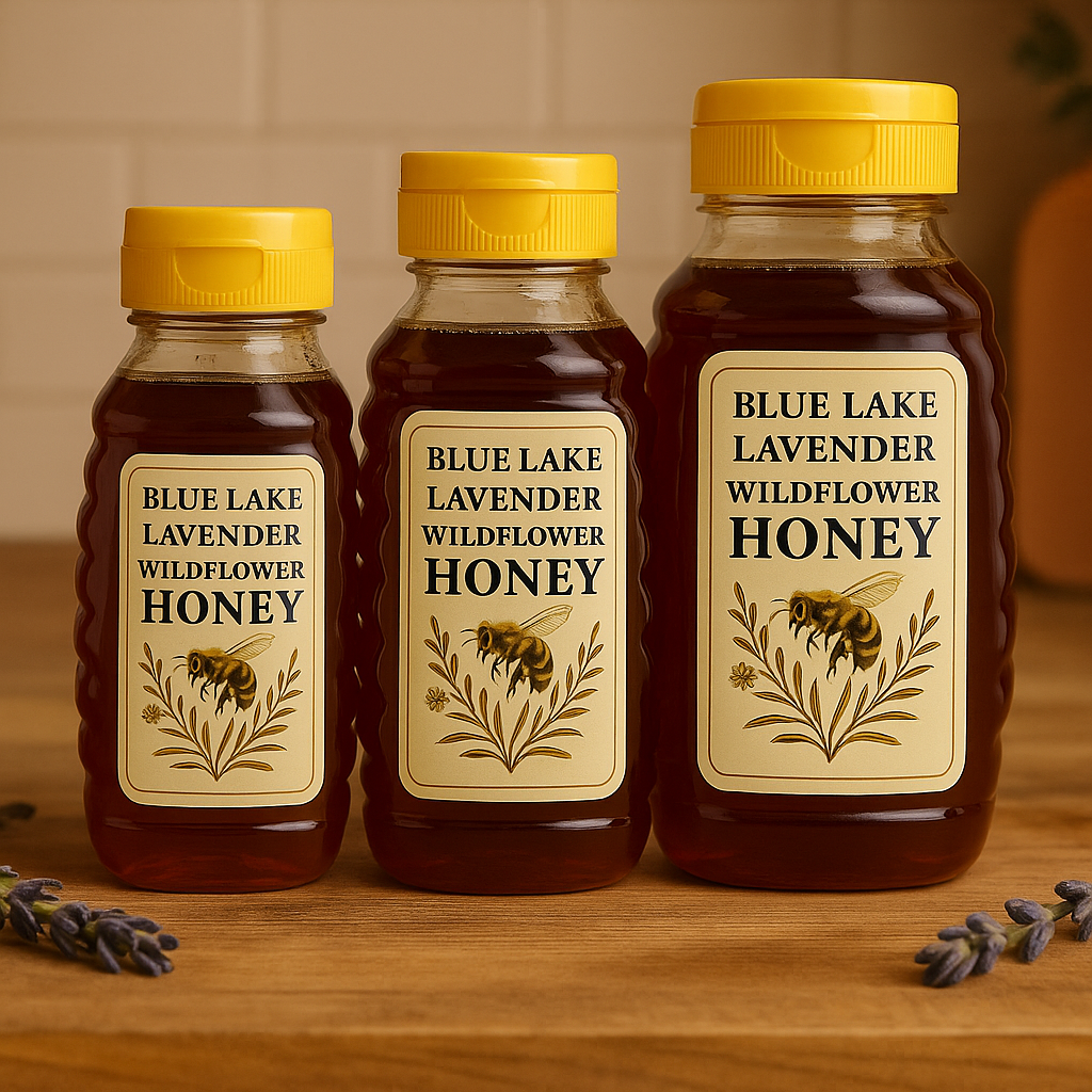 Trio of Blue Lake Lavender raw wildflower honey bottles with rustic background – handcrafted in Michigan.