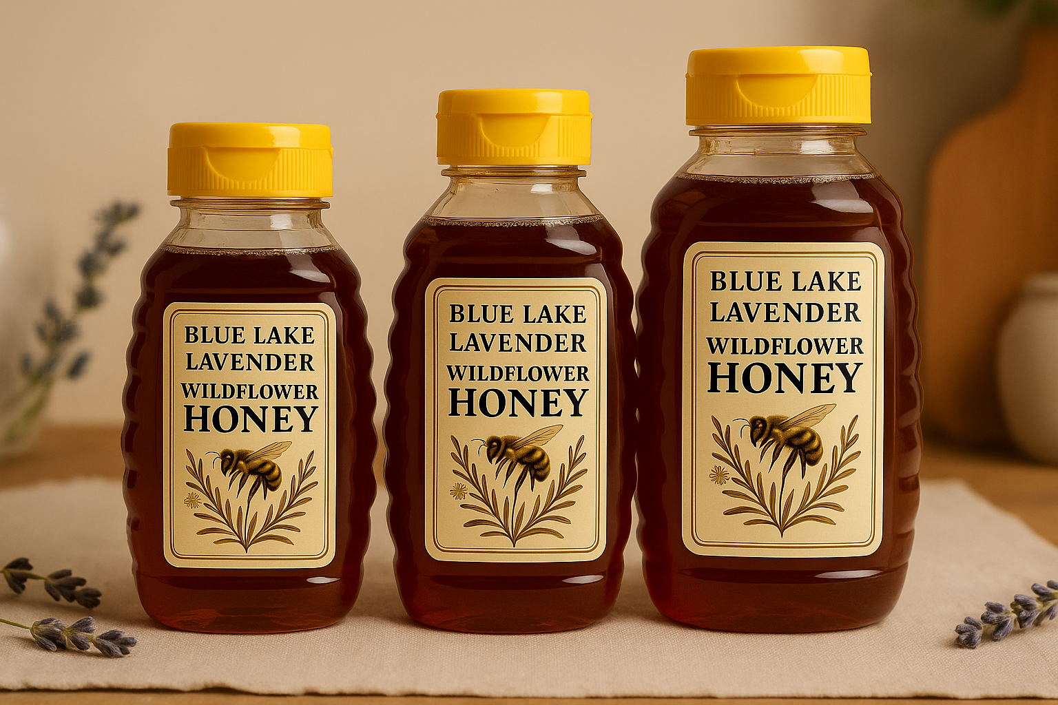 Honey Trio – 8 oz, 12 oz, and 18 oz raw wildflower honey bottles from Blue Lake Lavender Co.