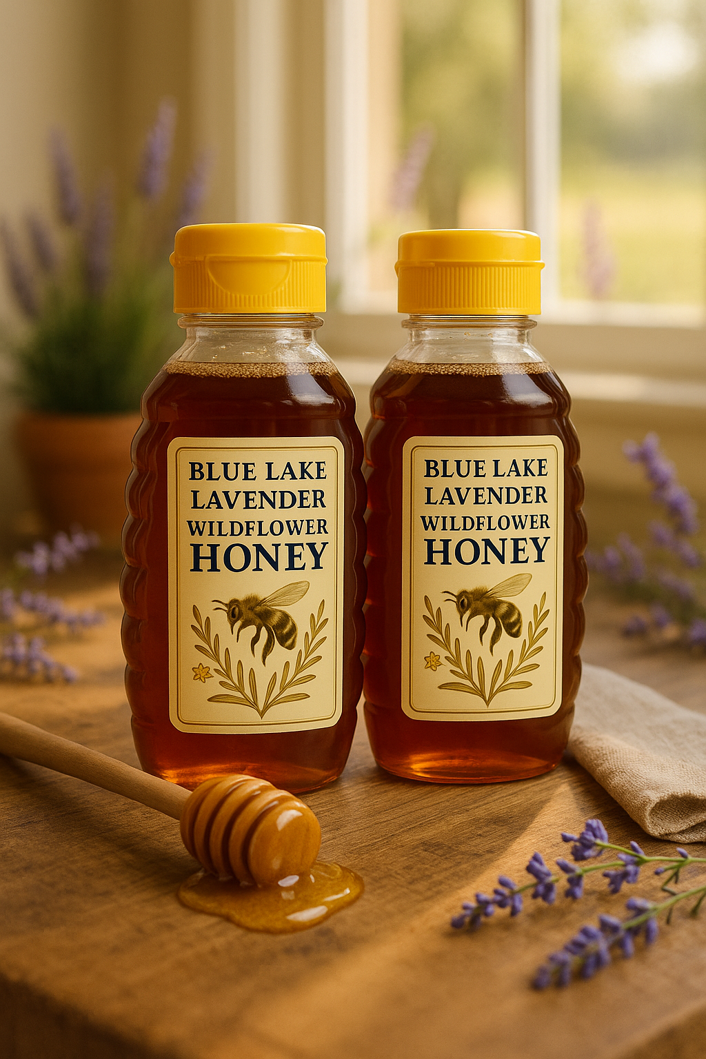 Blue Lake Lavender 12 oz honey duo on rustic wood background – raw and unfiltered wildflower honey.