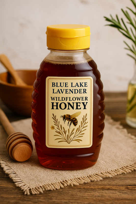 8 oz raw wildflower honey bottle from Blue Lake Lavender Co.